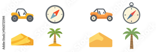Explore desert adventures with off-road vehicles and navigational tools surrounded by palm trees and sandy dunes