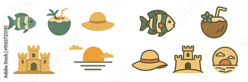 Tropical beach elements with fish, coconut drinks, and a sunset over a castle under a warm sky