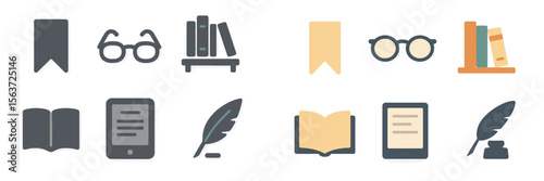 Collection of reading materials and accessories including glasses, bookmarks, books, and e-readers found in a cozy literary setting