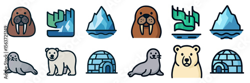 Wildlife and nature icons featuring marine animals and icy landscapes during polar regions exploration
