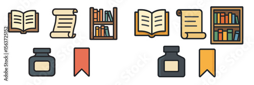 Various icons of books, scrolls, ink bottles, and bookmarks representing literature and study materials for educational themes