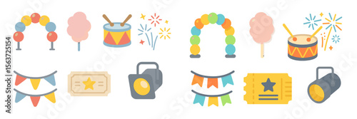 Colorful carnival decorations and treats create a festive atmosphere for visitors enjoying the fairground in the evening