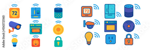 Smart home devices and connected technologies showcase various functionalities and features in colorful icons
