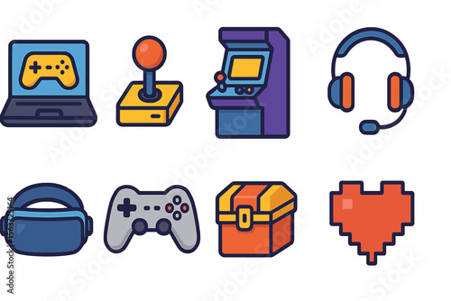 Gaming icons including controller, arcade machine, and virtual reality headset representing modern gaming culture and technology