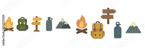 Explore nature with camping gear, scenic mountains, and guiding signs in a vibrant outdoor setting