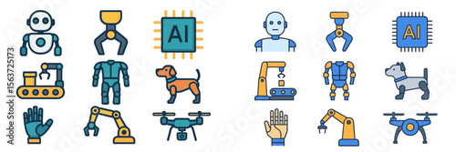Exploration of robotics and artificial intelligence through various icons and symbols showcasing innovation and technology