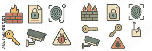 Security icons representing various aspects of protection, monitoring, and data safety in digital environments