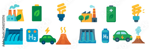 Icons representing renewable energy sources and environmental impact in a colorful, modern design suitable for educational purposes