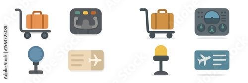 Baggage handling and airport travel essentials depicted in a minimalist style with vibrant colors and simple design