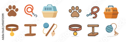 Cute illustrations of pet accessories including collars, leashes, carriers, and toys in a colorful design style