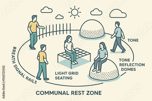 Illustration of communal rest zone with domes and light grid seating