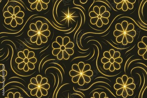 Seamless glowing floral pattern with neon yellow lines on black