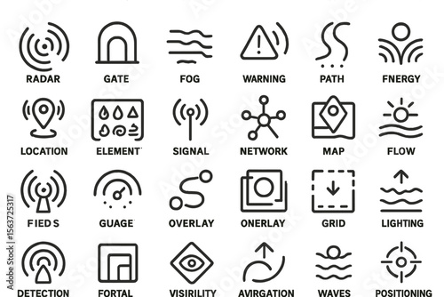 Set of vector icons related to navigation, signals, weather, and mapping.