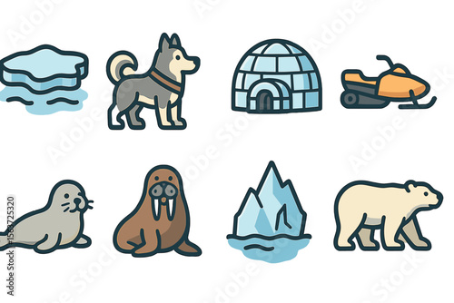 Wildlife and activities in the Arctic showcasing various animals and traditional structures