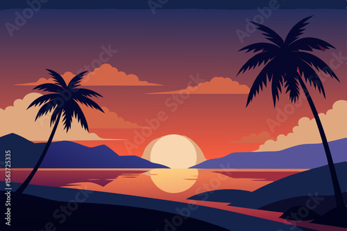 sunset on the beach with palm trees