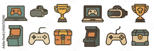 Colorful assortment of gaming elements featuring consoles, trophies, and VR technology in a digital environment
