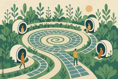 Illustration of a spiral path maze with solar panels and people interacting with eco-friendly pods.