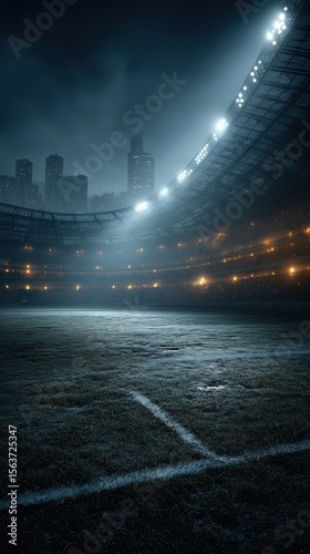 Nighttime soccer stadium illuminated with dynamic lights and a city skyline in the background
