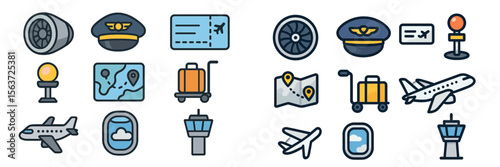 Collection of travel icons illustrating air travel elements, including flights, luggage, and navigation tools
