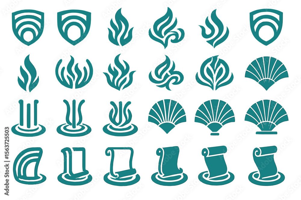 Teal and white icon set featuring flame motifs, scrolls, shields, and fan shapes
