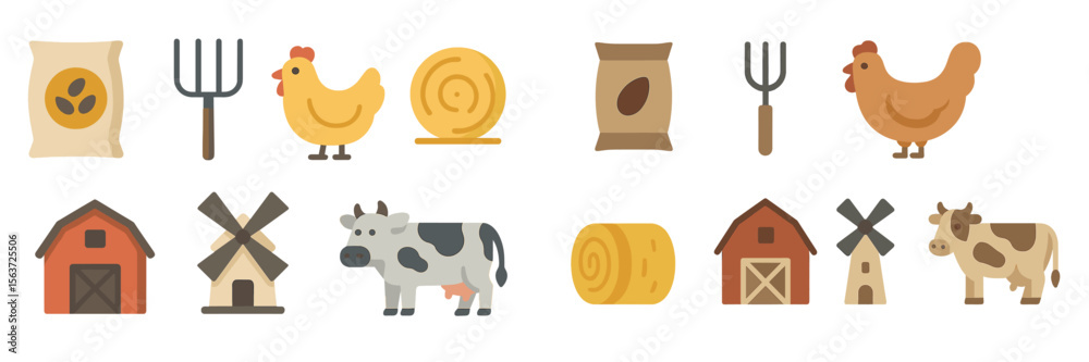 Farm animals and equipment illustrate rural life and agricultural practices in a simple and playful style
