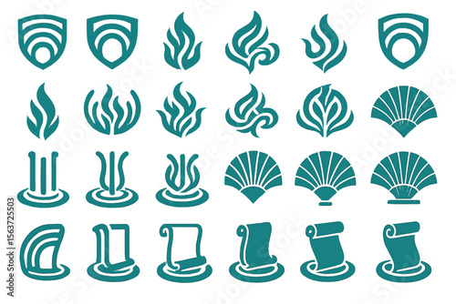 Teal and white icon set featuring flame motifs, scrolls, shields, and fan shapes