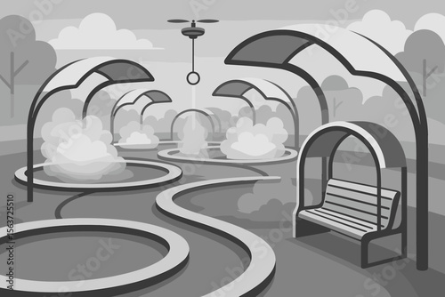 Futuristic park with arched structures, paths, and a drone hovering above.