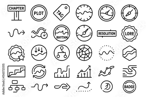 Black icon set of narrative elements with waves, graphs, tags, and resolution meters