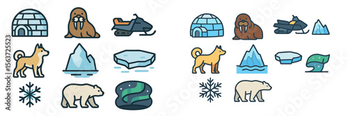 Winter wildlife and landscapes in the Arctic featuring walruses, polar bears, and snowy conditions