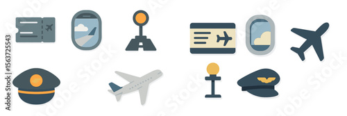 Various symbols representing air travel including tickets, planes, and pilot insignia expressed in minimalist design