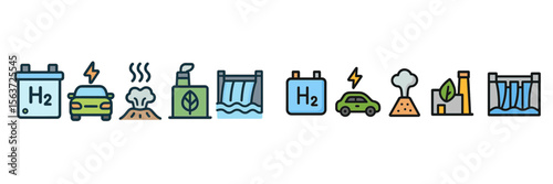 Hydrogen energy symbols with cars, plants, and natural resources representing a sustainable future