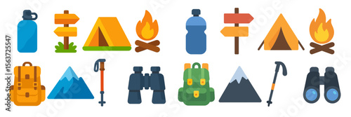 Outdoor camping essentials featuring tents, backpacks, and camping gear arranged in a colorful layout
