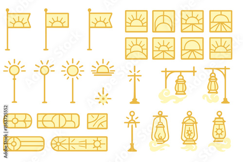 Golden sunrise and lantern icon set with radiant flags, sun posts, and glowing lamps