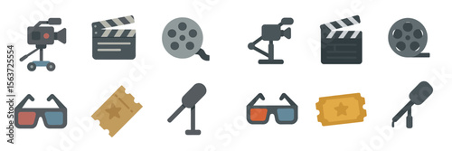 Colorful icons representing film production tools, cinema tickets, and equipment used in the movie industry