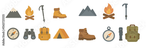 Various camping gear icons including mountains, fire, boots, tents, and navigation tools for outdoor activities