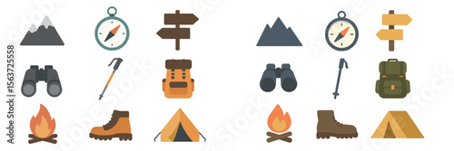Collection of camping and hiking icons featuring mountains, equipment, and navigational tools for outdoor enthusiasts
