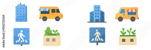 Various urban elements and signage featuring a food truck, buildings, pedestrian crossings, and green spaces for city enhancements