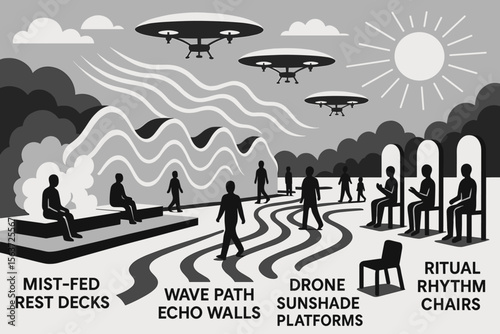 Black and white futuristic landscape with drone platforms and wellness seating areas