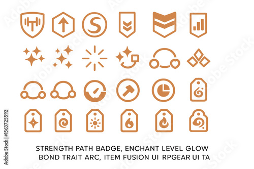 Faded orange RPG UI icon set with badges, traits, arcs, and fusion elements