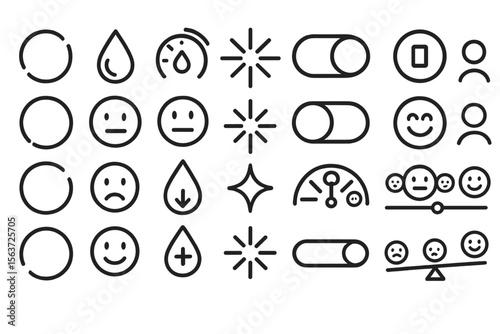 A set of sleek, minimalist icons illustrating dynamic states, mood indicators, toggles, progress meters, and adjustments, perfect for user interfaces and interaction designs.