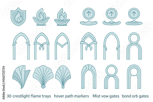 Set of abstract icons representing various architectural and decorative elements, such as flames, arches, and symbolic gates.
