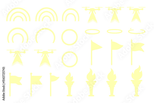 A set of glowing neon yellow icons featuring various festive and celebratory elements like rainbow arches, drones with spotlights, circular light symbols, flags, and flaming torches.