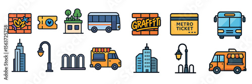 Colorful icons representing urban life and public transport in a vibrant city environment