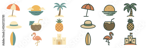 Tropical summer elements featuring beach accessories, fruits, and landscapes in a vibrant illustration