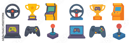 Collection of colorful gaming icons representing various gaming equipment and achievements in a playful design