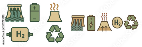 Hydrogen energy concepts illustrated with symbols and icons related to sustainable power sources in clean technology