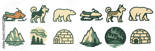 Illustrations of Arctic wildlife and winter activities in a snowy landscape with mountains and igloos