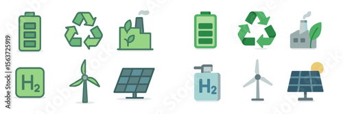 Green energy icons showcasing renewable sources, recycling, batteries, and hydrogen technology in a modern design