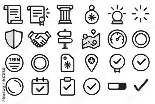 Outlined and filled icon set with symbols for contracts, checkmarks, navigation, and progress
