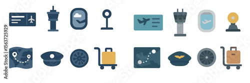 Icons representing various aspects of air travel including boarding, flight information, and airport navigation tools